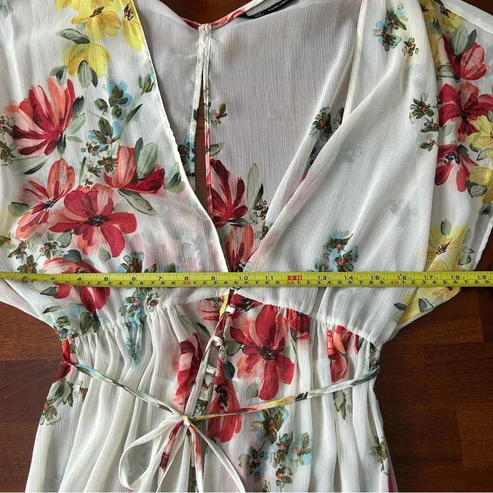 Zara sheer cream floral short sleeve coverup‎ maxi kimono duster